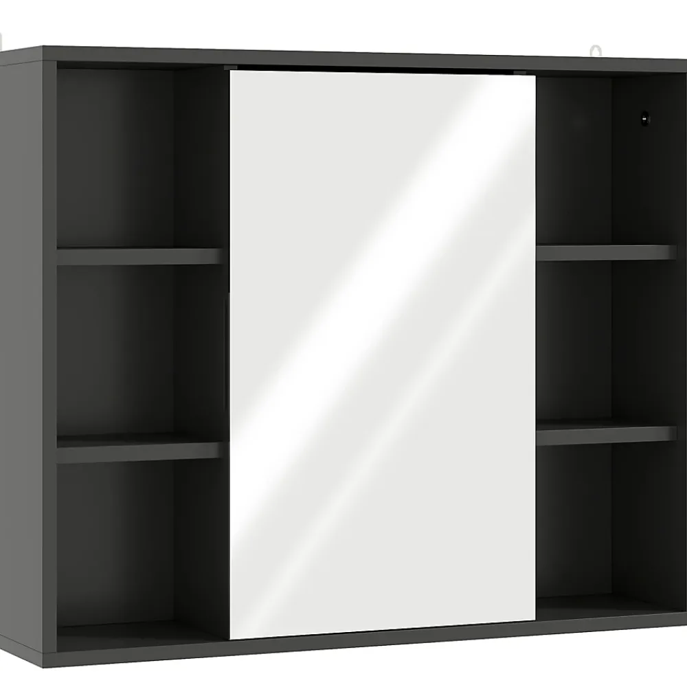 Armoire De Toilette|Homcom Miroir de salle de bain avec placard 2 étagères 6 niches latérales noir effet chêne clair