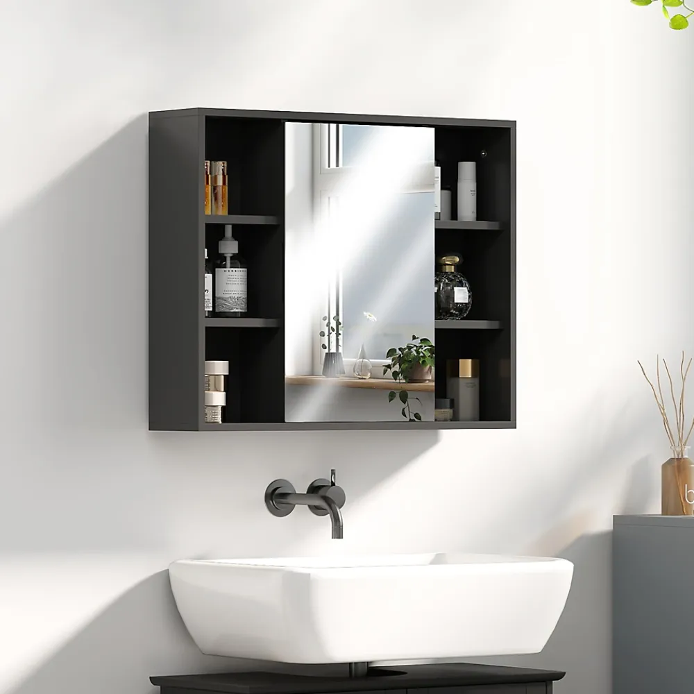 Armoire De Toilette|Homcom Miroir de salle de bain avec placard 2 étagères 6 niches latérales noir effet chêne clair