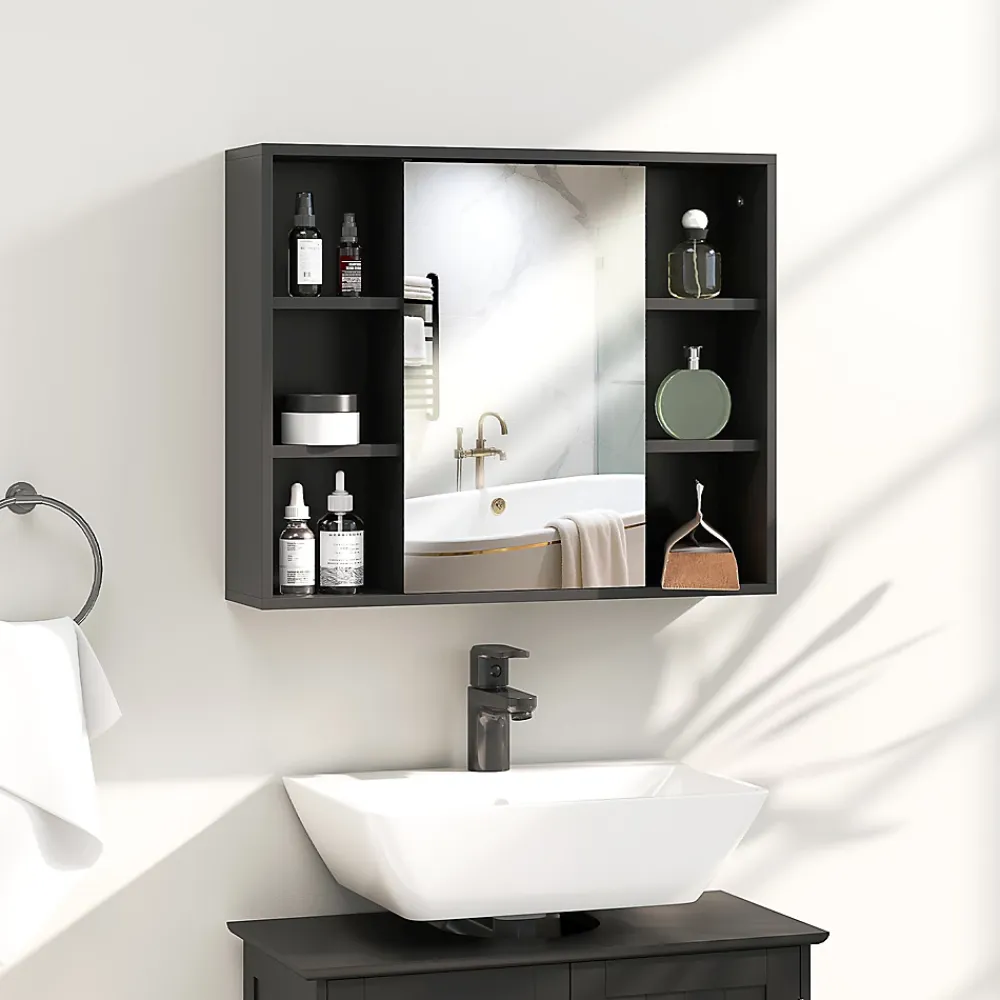 Armoire De Toilette|Homcom Miroir de salle de bain avec placard 2 étagères 6 niches latérales noir effet chêne clair