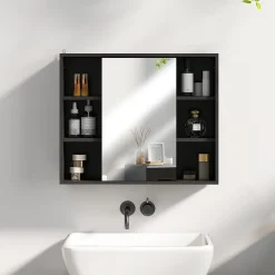 Armoire De Toilette|Homcom Miroir de salle de bain avec placard 2 étagères 6 niches latérales noir effet chêne clair