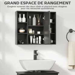 Armoire De Toilette|Homcom Miroir de salle de bain avec placard 2 étagères 6 niches latérales noir effet chêne clair