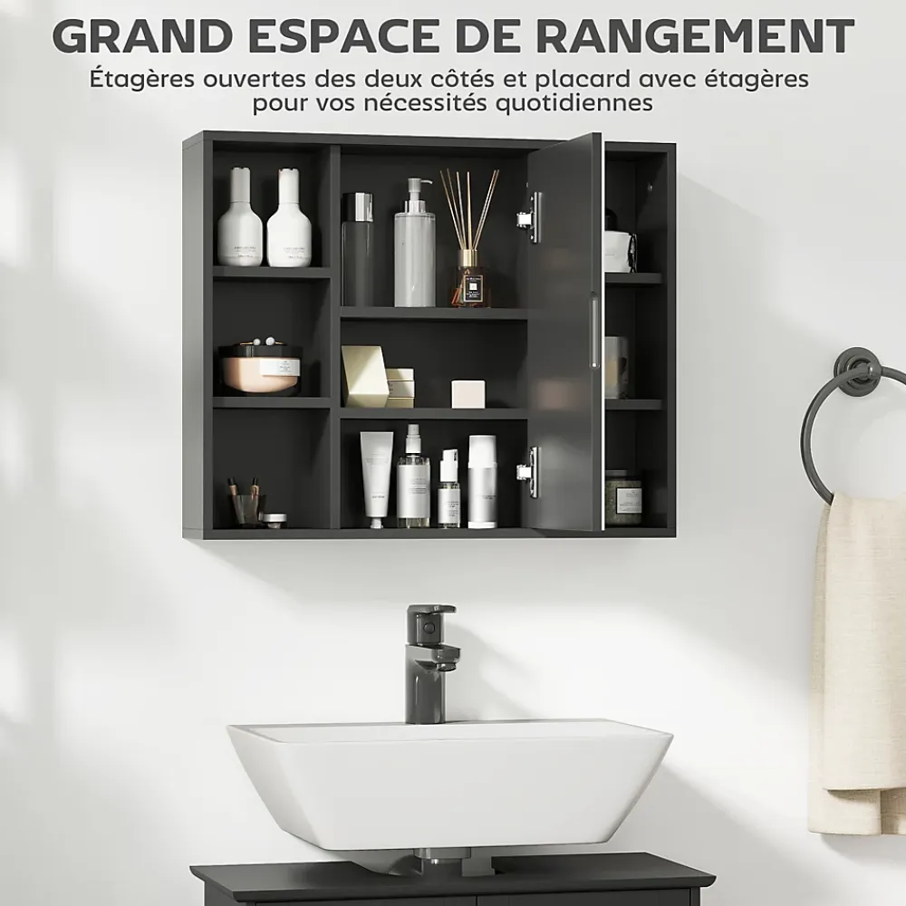 Armoire De Toilette|Homcom Miroir de salle de bain avec placard 2 étagères 6 niches latérales noir effet chêne clair