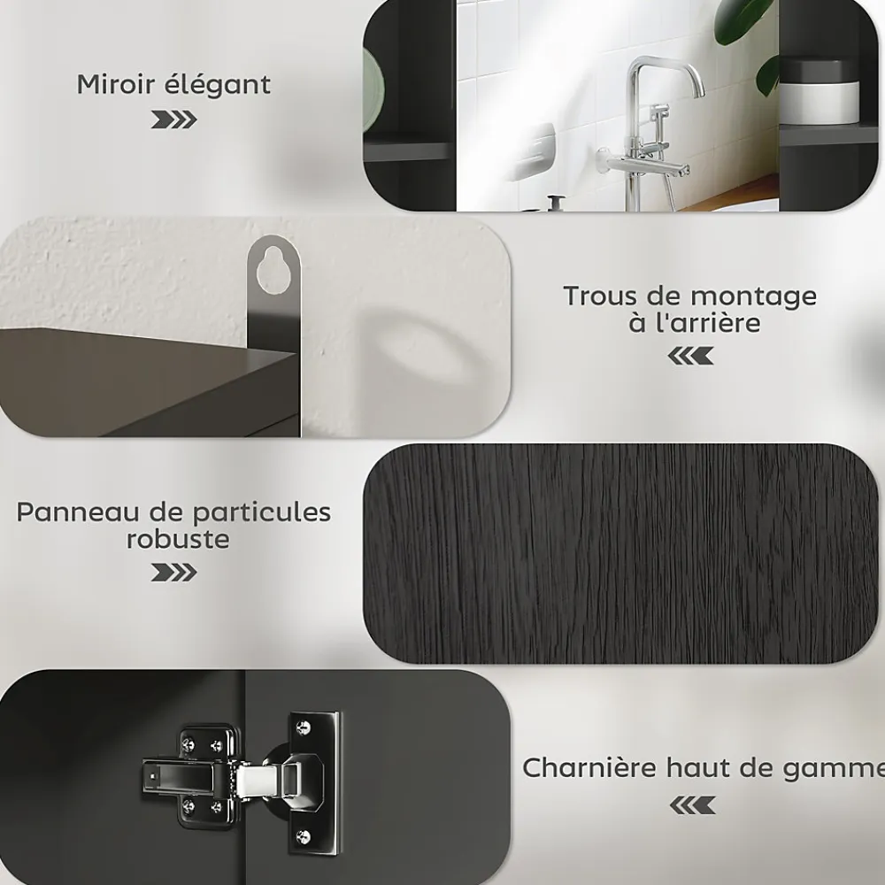 Armoire De Toilette|Homcom Miroir de salle de bain avec placard 2 étagères 6 niches latérales noir effet chêne clair