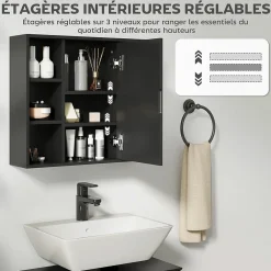 Armoire De Toilette|Homcom Miroir de salle de bain avec placard 2 étagères 6 niches latérales noir effet chêne clair