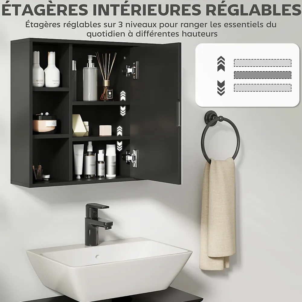 Armoire De Toilette|Homcom Miroir de salle de bain avec placard 2 étagères 6 niches latérales noir effet chêne clair