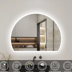 Miroir Lumineux|AICA Sanitaire Miroir de salle de bain asymétrique 100x80cm led Demi-cercle Mirror 3 Colours Dimmable + Anti-buée + Mémoire,