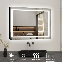 Miroir Lumineux|AICA Sanitaire Miroir de salle de bain avec éclairage intégré, L.90 x H.65cm Miroir lumineux anti buée,