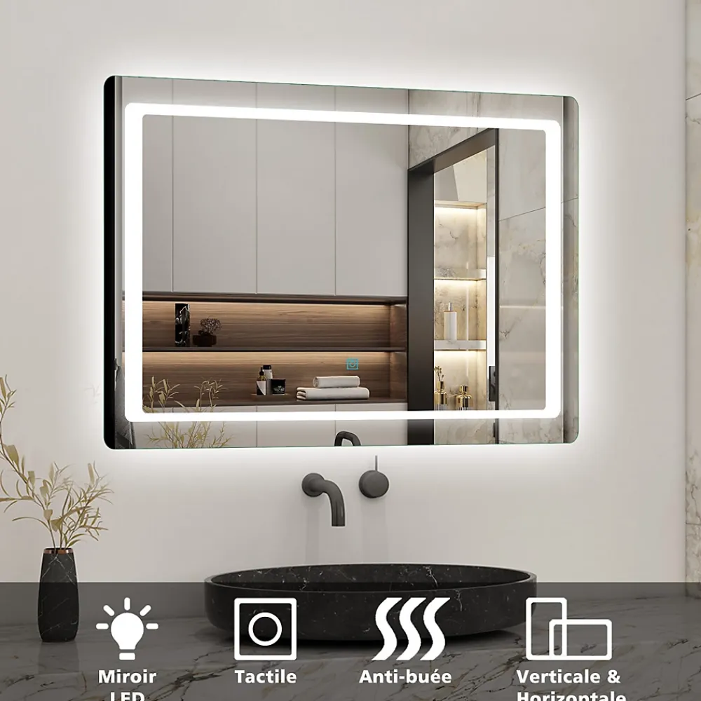 Miroir Lumineux|AICA Sanitaire Miroir de salle de bain avec éclairage intégré, L.90 x H.65cm Miroir lumineux anti buée,