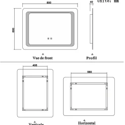 Miroir Lumineux|AICA Sanitaire Miroir de salle de bain avec éclairage intégré, L.90 x H.65cm Miroir lumineux anti buée,