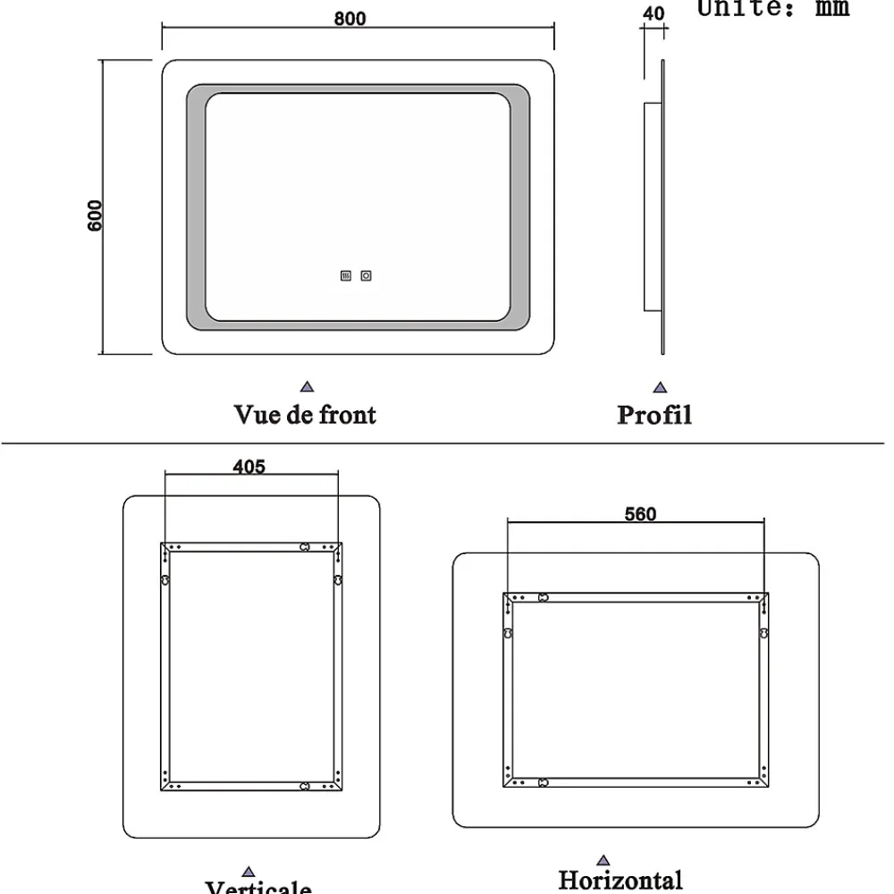 Miroir Lumineux|AICA Sanitaire Miroir de salle de bain avec éclairage intégré, L.90 x H.65cm Miroir lumineux anti buée,