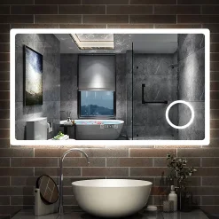 AICA Sanitaire Miroir de salle de bain anti-buée avec horloge, blanc froid chaud neutre tactile mural miroir 120x70cm,