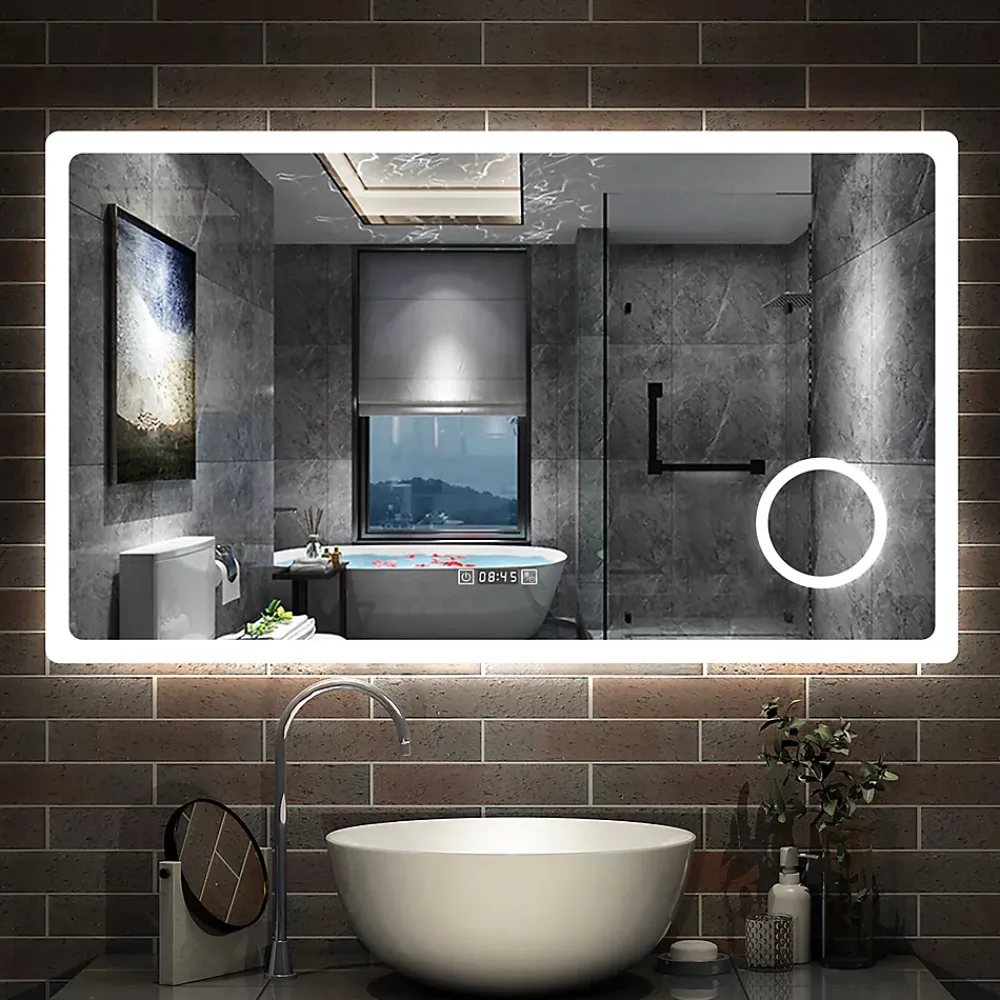 AICA Sanitaire Miroir de salle de bain anti-buée avec horloge, blanc froid chaud neutre tactile mural miroir 120x70cm,