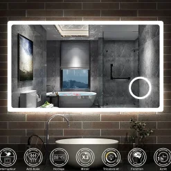 AICA Sanitaire Miroir de salle de bain anti-buée avec horloge, blanc froid chaud neutre tactile mural miroir 120x70cm,