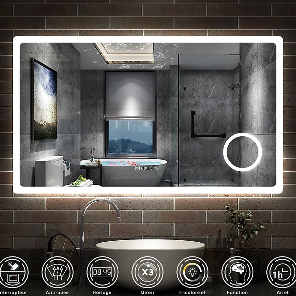 AICA Sanitaire Miroir de salle de bain anti-buée avec horloge, blanc froid chaud neutre tactile mural miroir 120x70cm,