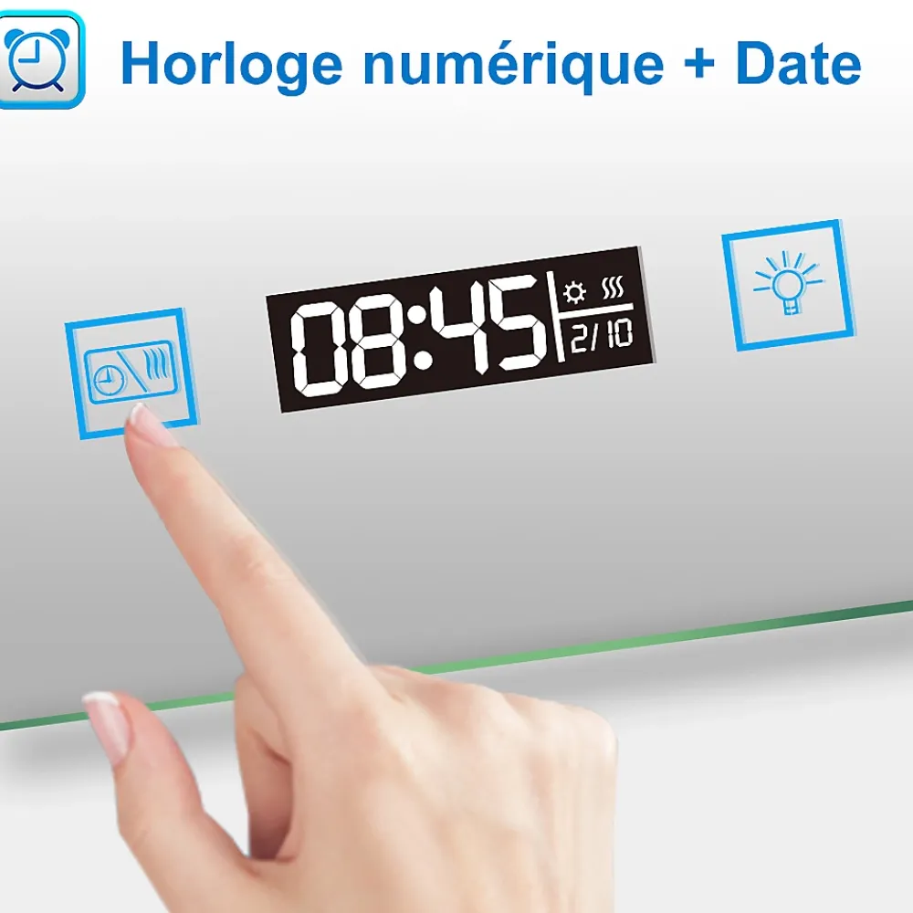 AICA Sanitaire Miroir de salle de bain anti-buée avec horloge, blanc froid chaud neutre tactile mural miroir 120x70cm,