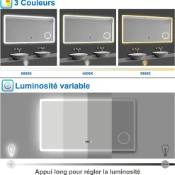 AICA Sanitaire Miroir de salle de bain anti-buée avec horloge, blanc froid chaud neutre tactile mural miroir 120x70cm,