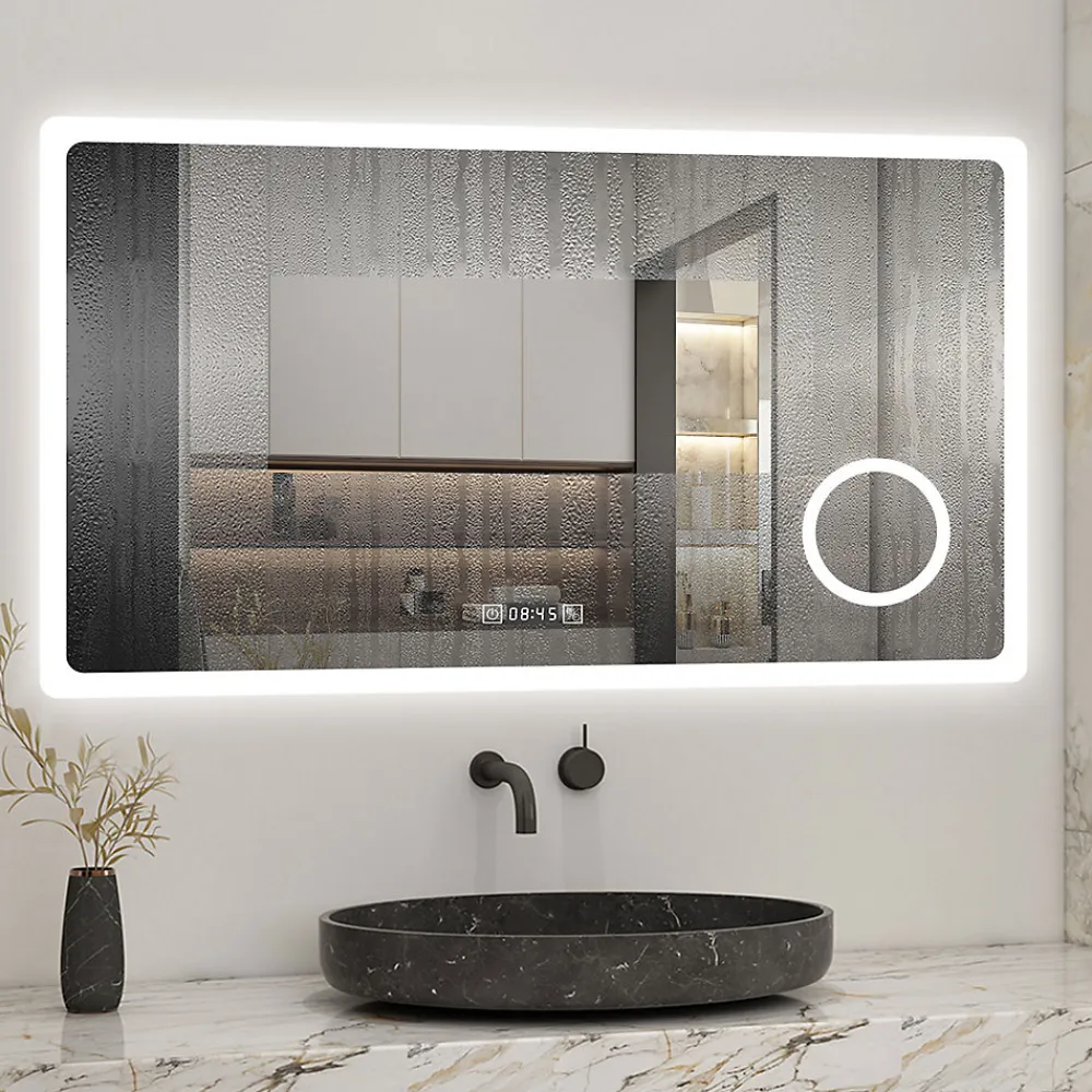 Miroir Grossissant Lumineux|AICA Sanitaire Miroir de salle de bain anti-buée avec horloge, blanc froid chaud neutre tactile mural miroir 160x80cm,