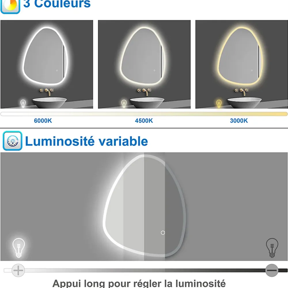 AICA Sanitaire Miroir de salle de bain asymétrique 80x65cm led Teardrop Mirror 3 Colours Dimmable + Anti-buée + Mémoire,