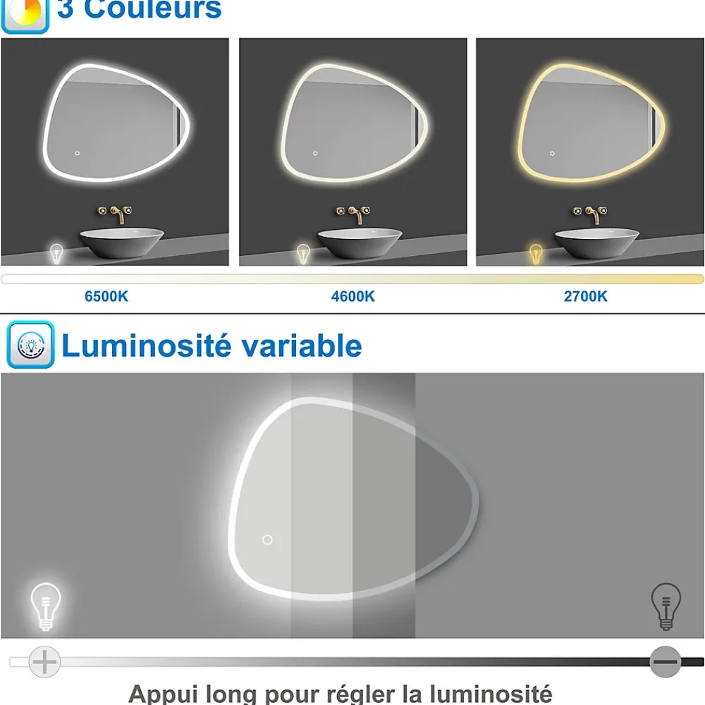AICA Sanitaire Miroir de salle de bain asymétrique 100x80cm led Teardrop Mirror 3 Colours Dimmable + Anti-buée + Mémoire,
