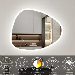 AICA Sanitaire Miroir de salle de bain asymétrique 80x65cm led Teardrop Mirror 3 Colours Dimmable + Anti-buée + Mémoire,