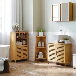 kleankin Miroir de salle de bain avec placard 2 portes - 2 étagères - bois de bambou verni