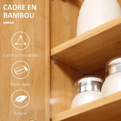 kleankin Miroir de salle de bain avec placard 2 portes - 2 étagères - bois de bambou verni