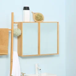kleankin Miroir de salle de bain avec placard 2 portes - 2 étagères - bois de bambou verni