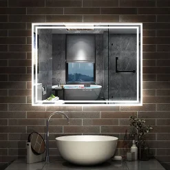 AICA Sanitaire Miroir de salle de bain Bluetooth 100x60 cm, tricolore + horloge + mémoire + dimmable + anti-buée, IP44 Miroir LED,