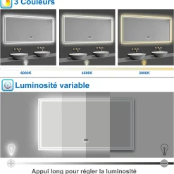AICA Sanitaire Miroir de salle de bain Bluetooth 100x60 cm, tricolore + horloge + mémoire + dimmable + anti-buée, IP44 Miroir LED,