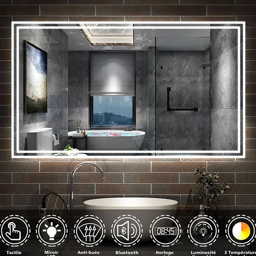 AICA Sanitaire Miroir de salle de bain Bluetooth 160x80 cm, tricolore + horloge + mémoire + dimmable + anti-buée, IP44 Miroir LED,