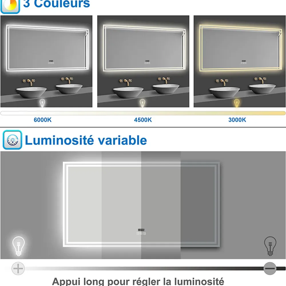 AICA Sanitaire Miroir de salle de bain Bluetooth 160x80 cm, tricolore + horloge + mémoire + dimmable + anti-buée, IP44 Miroir LED,