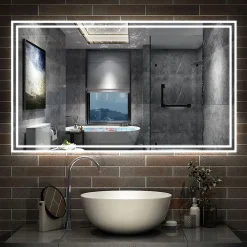 Miroir Lumineux|AICA Sanitaire Miroir de salle de bain Bluetooth 120x70 cm, tricolore + horloge + mémoire + dimmable + anti-buée, IP44 Miroir LED,