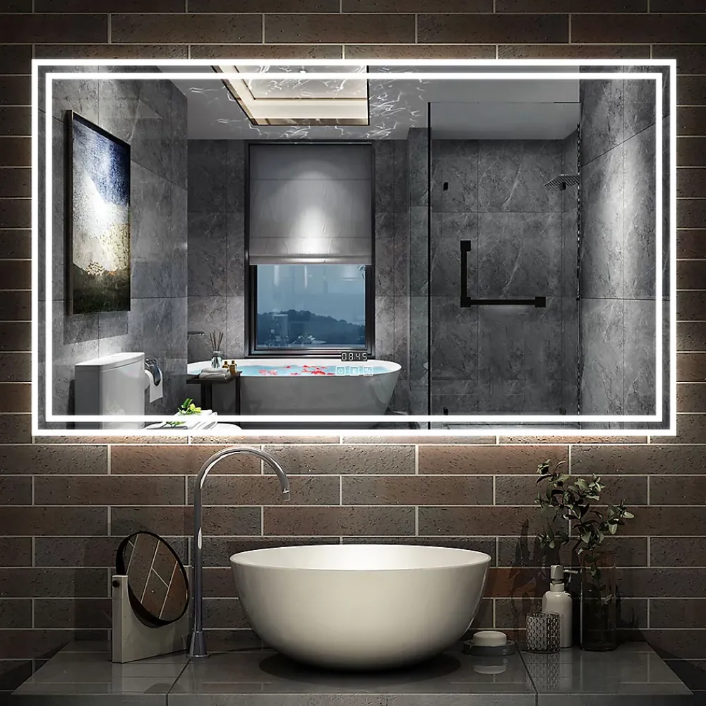 AICA Sanitaire Miroir de salle de bain Bluetooth 140x80 cm, tricolore + horloge + mémoire + dimmable + anti-buée, IP44 Miroir LED,