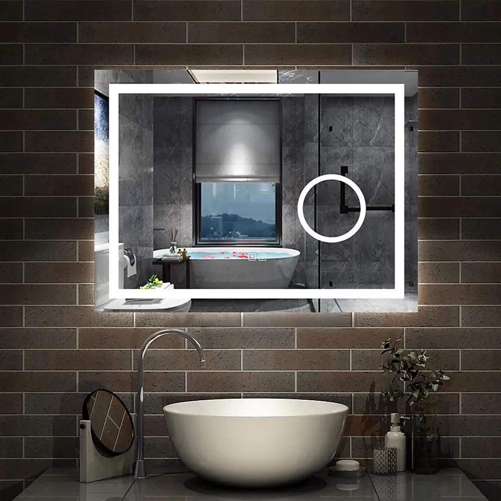 AICA Sanitaire Miroir de salle de bain Bluetooth 80x60 cm, LED tricolore + loupe + mémoire + dimmable + anti-buée, IP44,