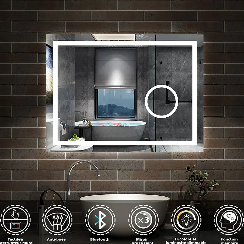 AICA Sanitaire Miroir de salle de bain Bluetooth 80x60 cm, LED tricolore + loupe + mémoire + dimmable + anti-buée, IP44,