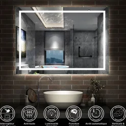 AICA Sanitaire Miroir de salle de bain LED dimmable, avec mémoire et anti-buée, 110x80cm, IP44,