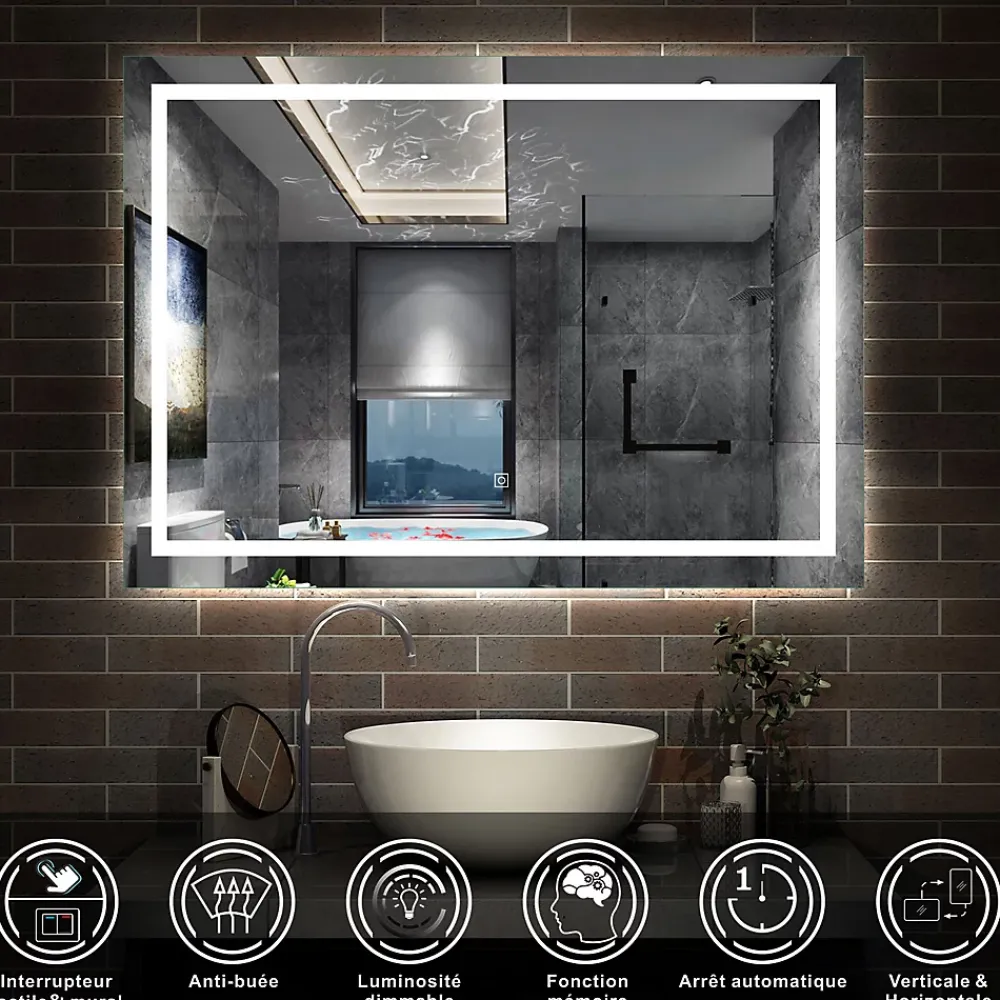 AICA Sanitaire Miroir de salle de bain LED dimmable, avec mémoire et anti-buée, 110x80cm, IP44,