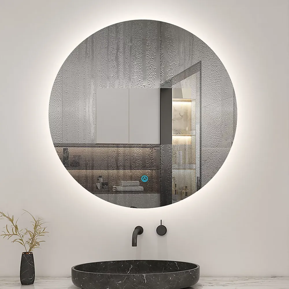 Miroir Lumineux|AICA Sanitaire Miroir de salle de bain LED rond 80 cm avec rétro-éclairage sans cadre, anti-buée + mémoire + dimmable,