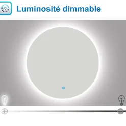 Miroir Lumineux|AICA Sanitaire Miroir de salle de bain LED rond 80 cm avec rétro-éclairage sans cadre, anti-buée + mémoire + dimmable,