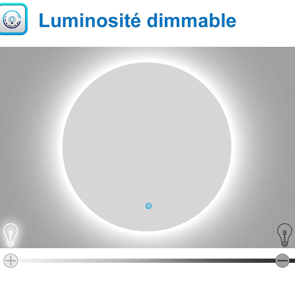 Miroir Lumineux|AICA Sanitaire Miroir de salle de bain LED rond 80 cm avec rétro-éclairage sans cadre, anti-buée + mémoire + dimmable,