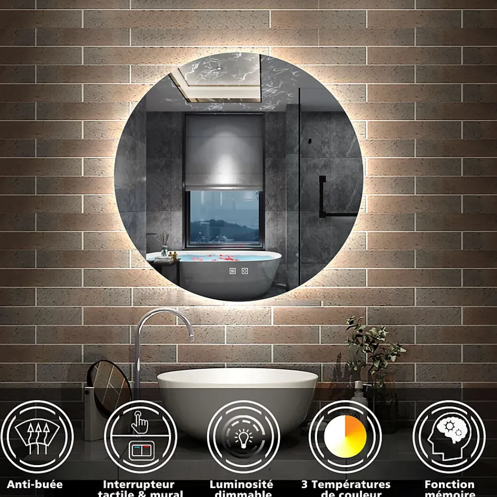 Miroir Lumineux|AICA Sanitaire Miroir de salle de bain LED rond 100cm avec rétro-éclairage, tricolore + anti-buée + mémoire + gradation infinie,