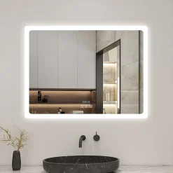AICA Sanitaire Miroir de salle de bain LED avec bluetooth et horloge, 80x60cm, Tri-color, anti-buée,
