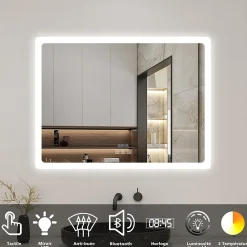 AICA Sanitaire Miroir de salle de bain LED avec bluetooth et horloge, 80x60cm, Tri-color, anti-buée,