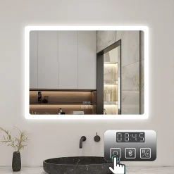 AICA Sanitaire Miroir de salle de bain LED avec bluetooth et horloge, 80x60cm, Tri-color, anti-buée,