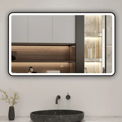 AICA Sanitaire Miroir de salle de bain LED 120x70cm avec cadre noir, tricolore + anti-buée + mémoire + gradation infinie,