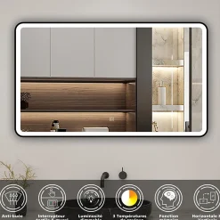 AICA Sanitaire Miroir de salle de bain LED 120x70cm avec cadre noir, tricolore + anti-buée + mémoire + gradation infinie,