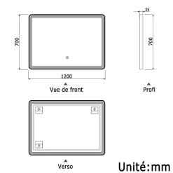 AICA Sanitaire Miroir de salle de bain LED 120x70cm avec cadre noir, tricolore + anti-buée + mémoire + gradation infinie,