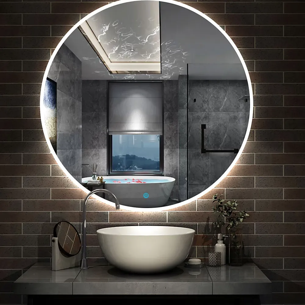 AICA Sanitaire Miroir de salle de bain LED rond de 90cm, dimmable + mémoire + antibuée, avec interrupteur tactile, blanc,