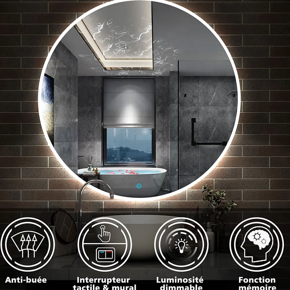 AICA Sanitaire Miroir de salle de bain LED rond de 90cm, dimmable + mémoire + antibuée, avec interrupteur tactile, blanc,