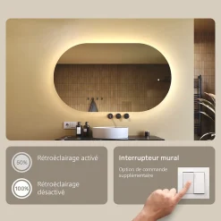 Artforma Miroir de salle de bain lumineux - - Ovale - 120x70cm - LED Dual + Interrupteur tactile